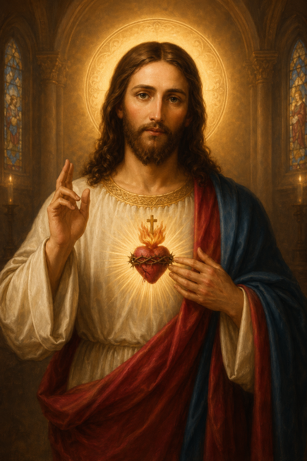 Sacred Heart of Jesus Christ with one hand raised in blessing